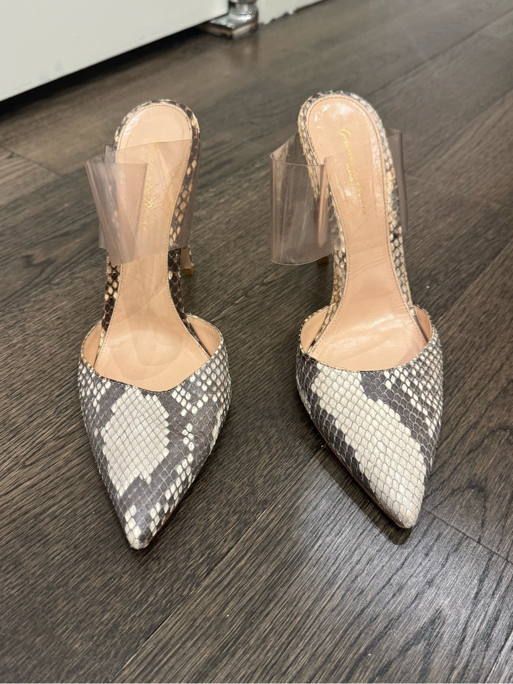 Snake-Print Pointed Toe Slide Heels in Gray and White